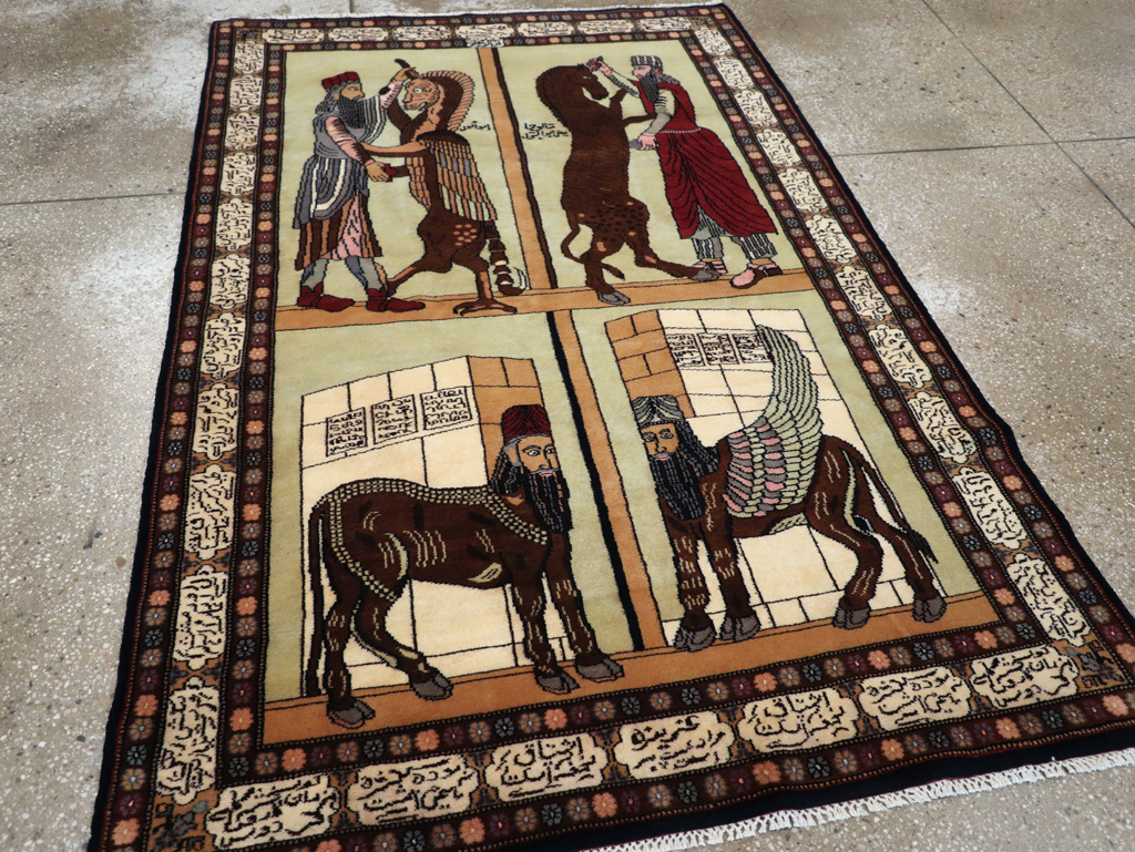 Vintage Turkish Zanjan Pictorial Accent Rug, No.31477 - Galerie Shabab
