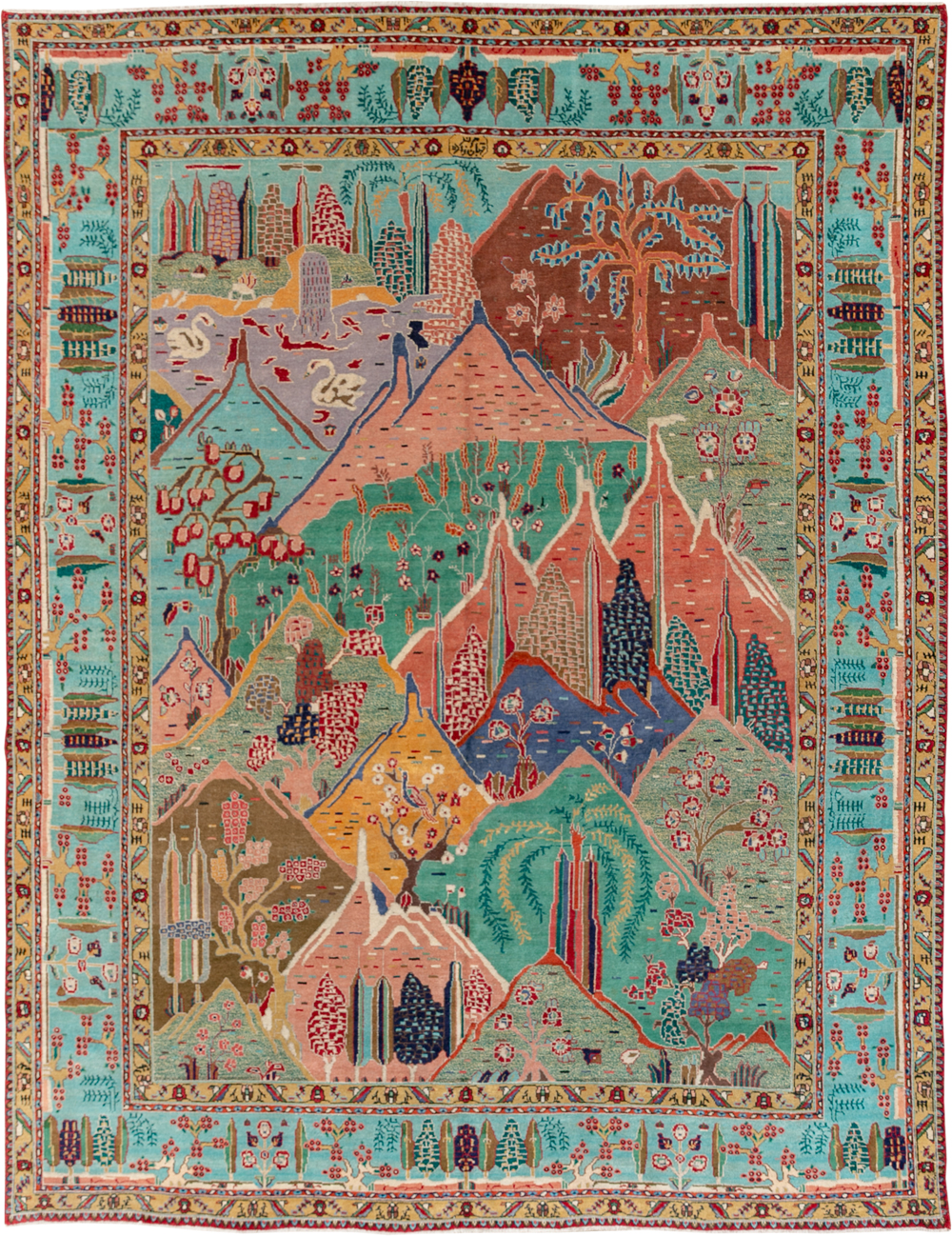 Vintage Persian Tabriz Pictorial Room Size Carpet, No.31566 - Galerie Shabab