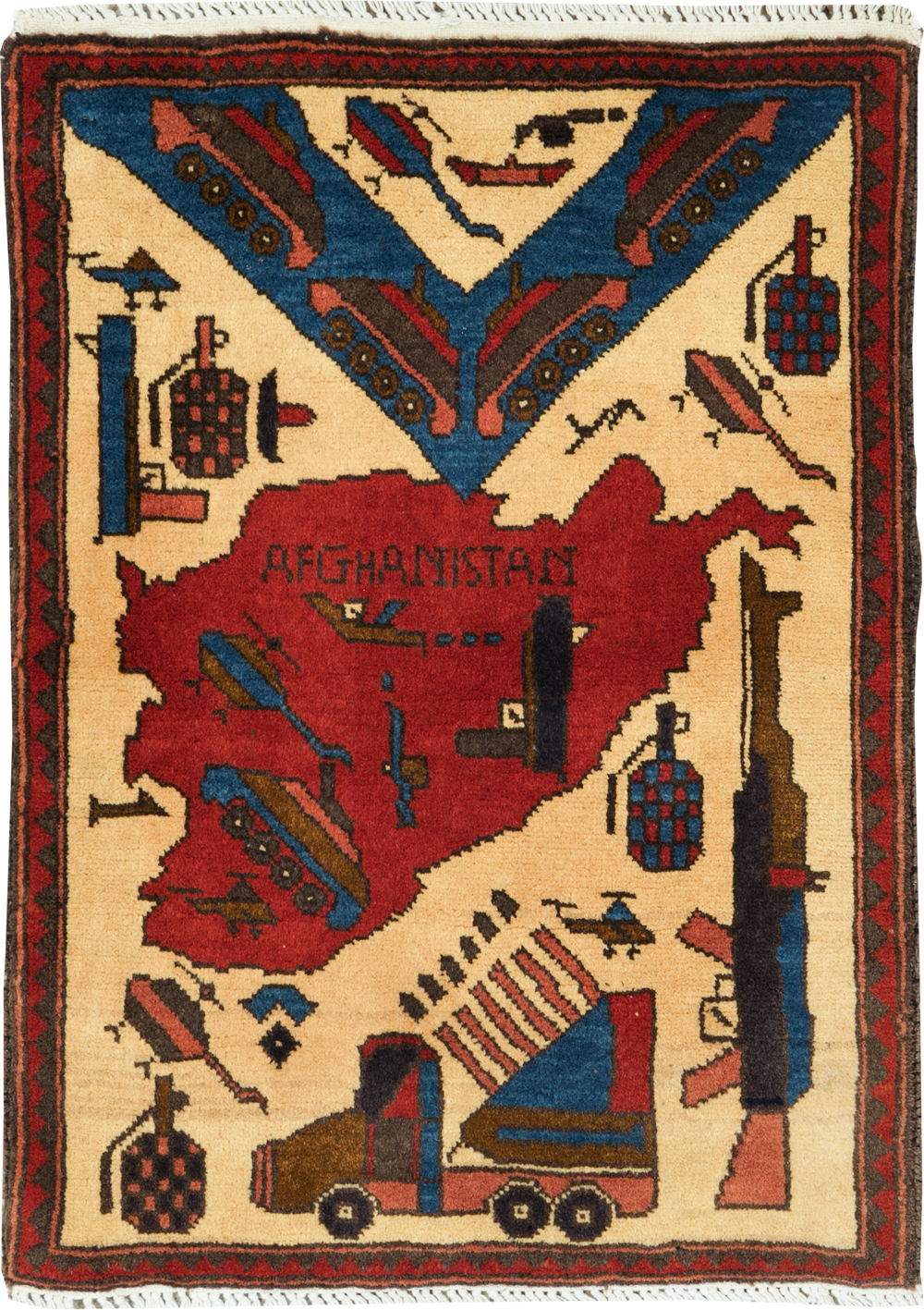 Vintage Afghan Pictorial War Map Rug, No.31628 - Galerie Shabab