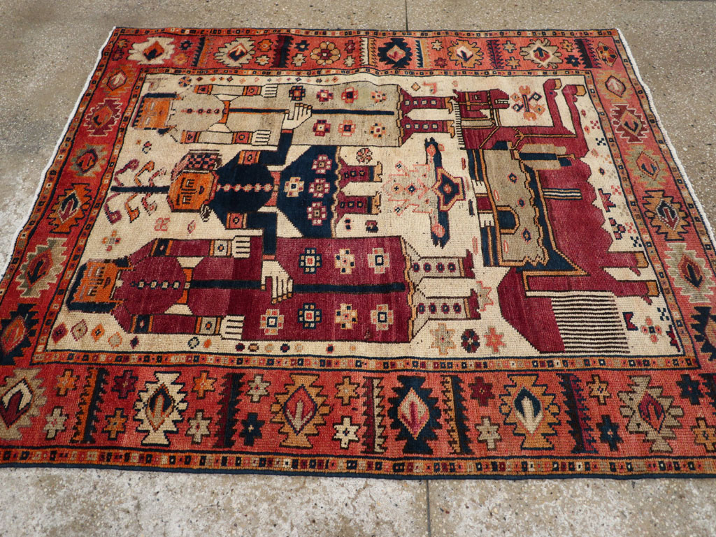 Vintage Persian Pictorial Bakhtiari Tribal Accent Rug, No.31741 - Galerie Shabab