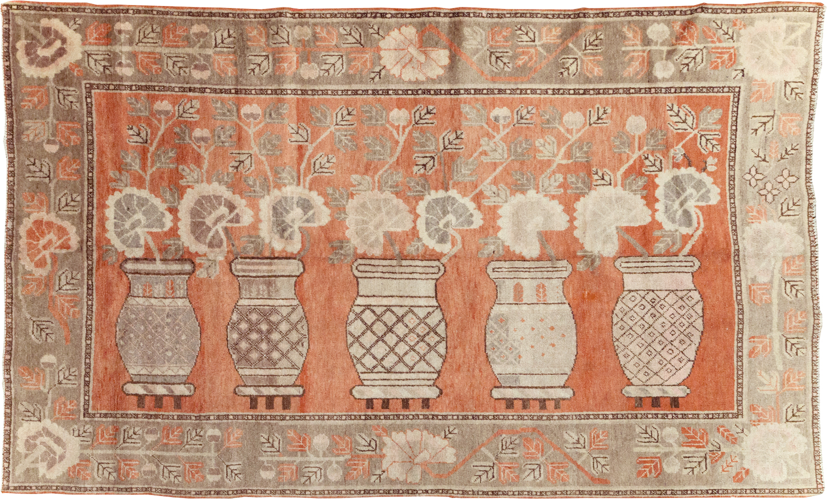 Antique East Turkestan Pictorial Vase Khotan Accent Rug, No.31791 - Galerie Shabab