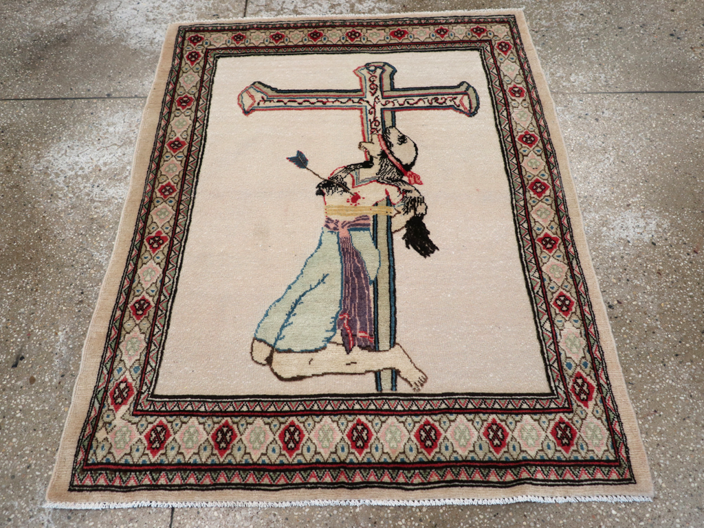 Vintage Persian Tabriz Souf Pictorial Throw Rug, No.31834 - Galerie Shabab