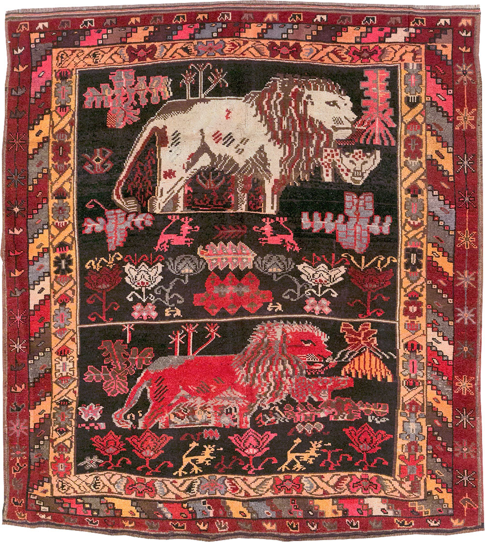 Vintage Turkish Anatolian Square Pictorial Accent Carpet, No.31908 - Galerie Shabab