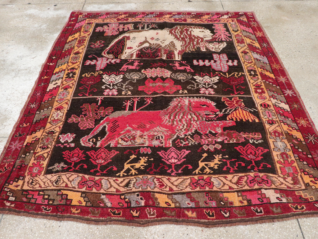 Vintage Turkish Anatolian Square Pictorial Accent Carpet, No.31908 - Galerie Shabab