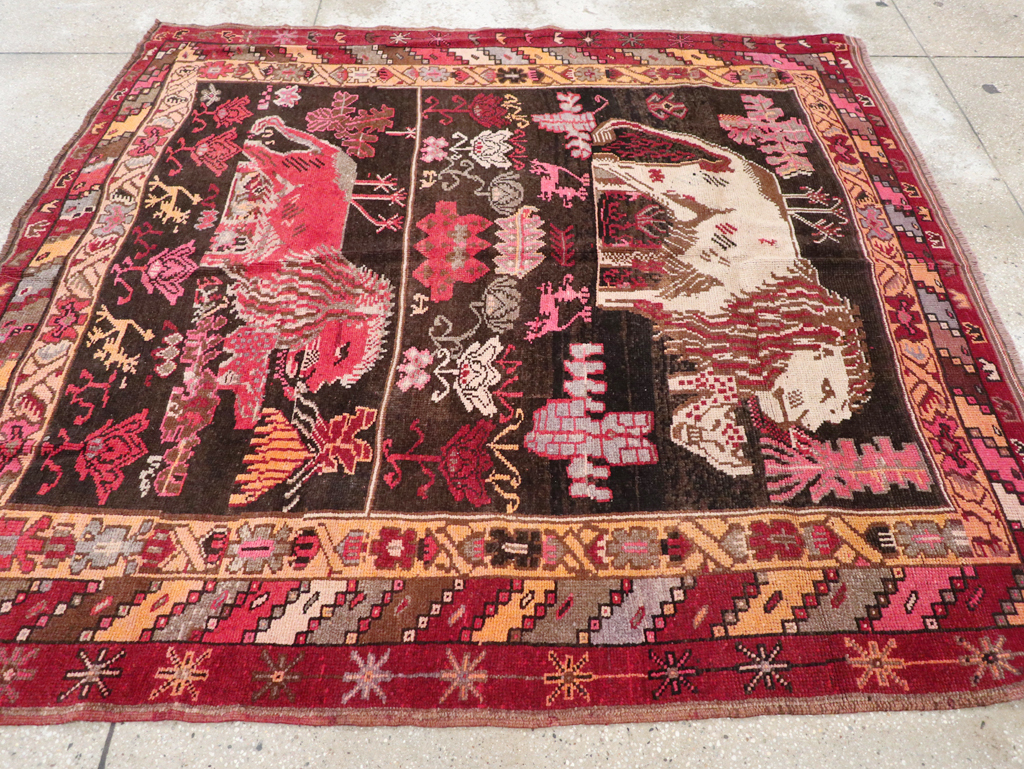 Vintage Turkish Anatolian Square Pictorial Accent Carpet, No.31908 - Galerie Shabab