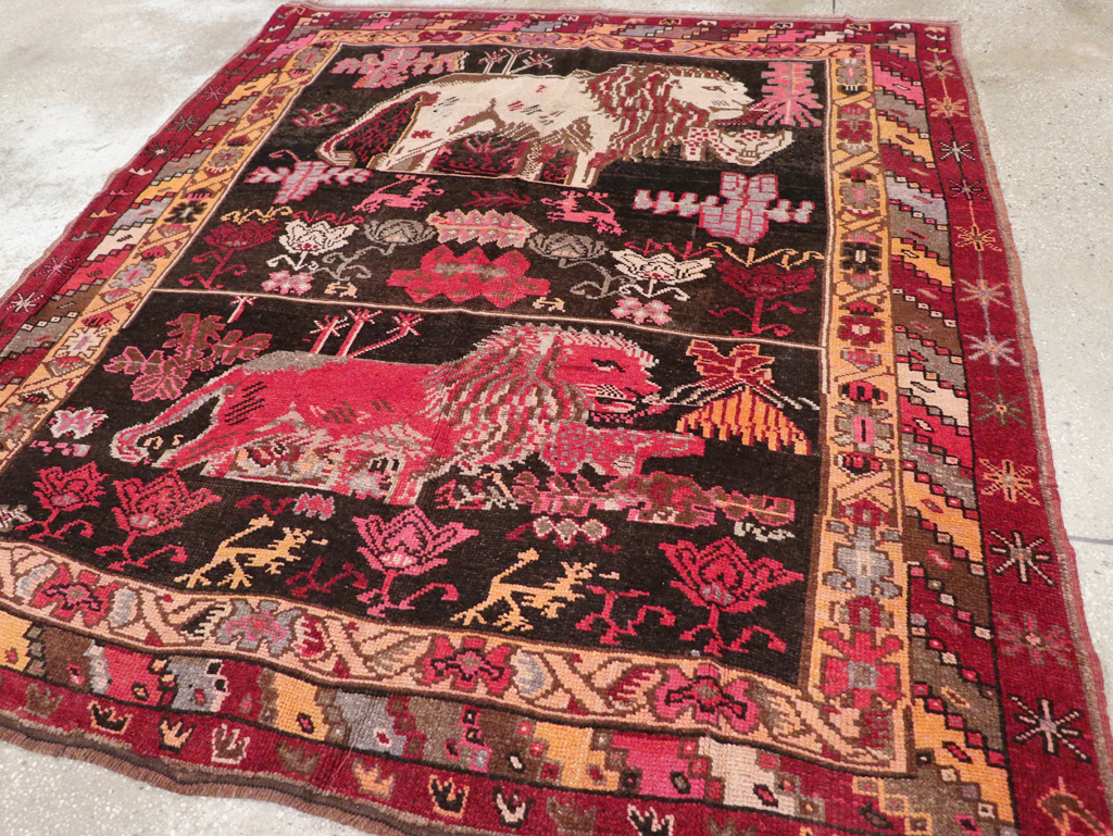 Vintage Turkish Anatolian Square Pictorial Accent Carpet, No.31908 - Galerie Shabab