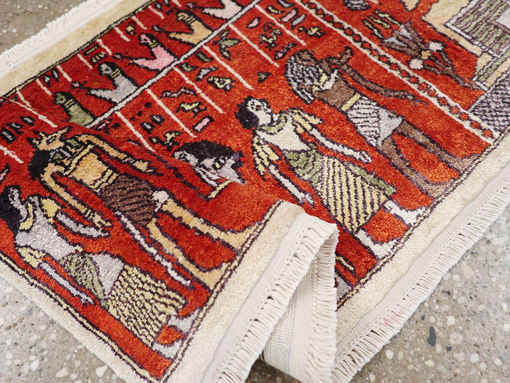 Vintage Persian Quom Pictorial Throw Rug, No.32102 - Galerie Shabab