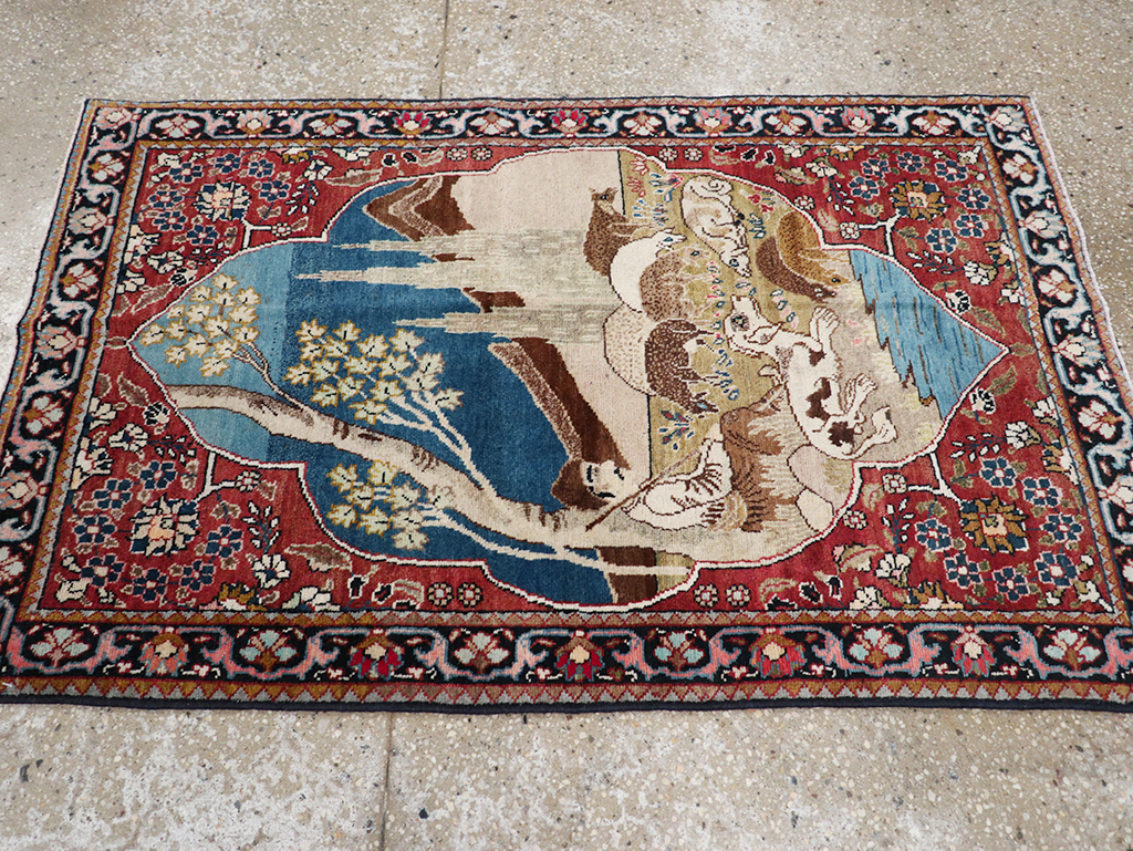 Vintage Persian Tabriz Pictorial Throw Rug, No.32103 - Galerie Shabab