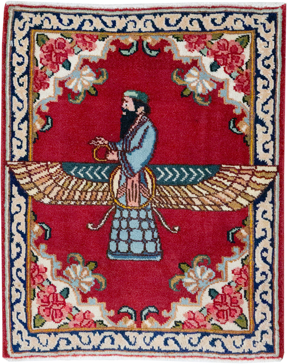 Vintage Persian Kerman Pictorial Throw Rug (Pair: 1 of 2), No.32108 - Galerie Shabab