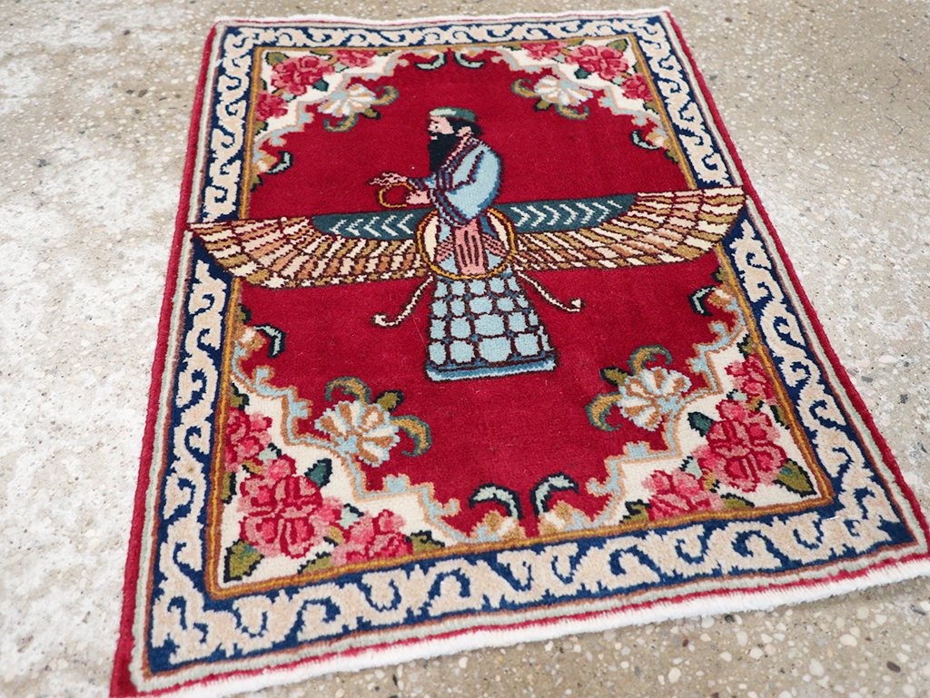 Vintage Persian Kerman Pictorial Throw Rug (Pair: 1 of 2), No.32108 - Galerie Shabab