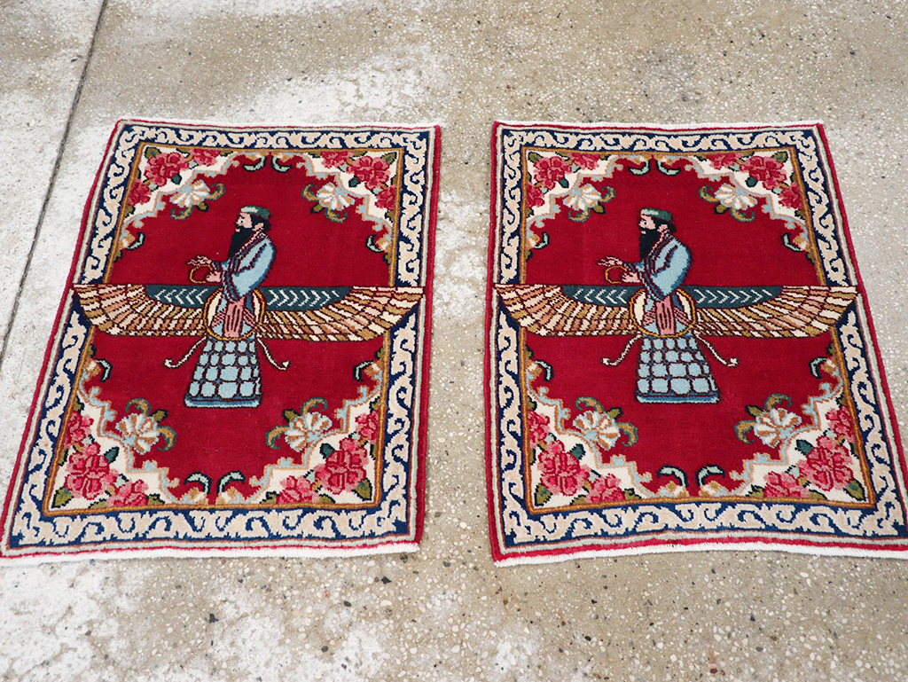 Vintage Persian Kerman Pictorial Throw Rug (Pair: 1 of 2), No.32108 - Galerie Shabab