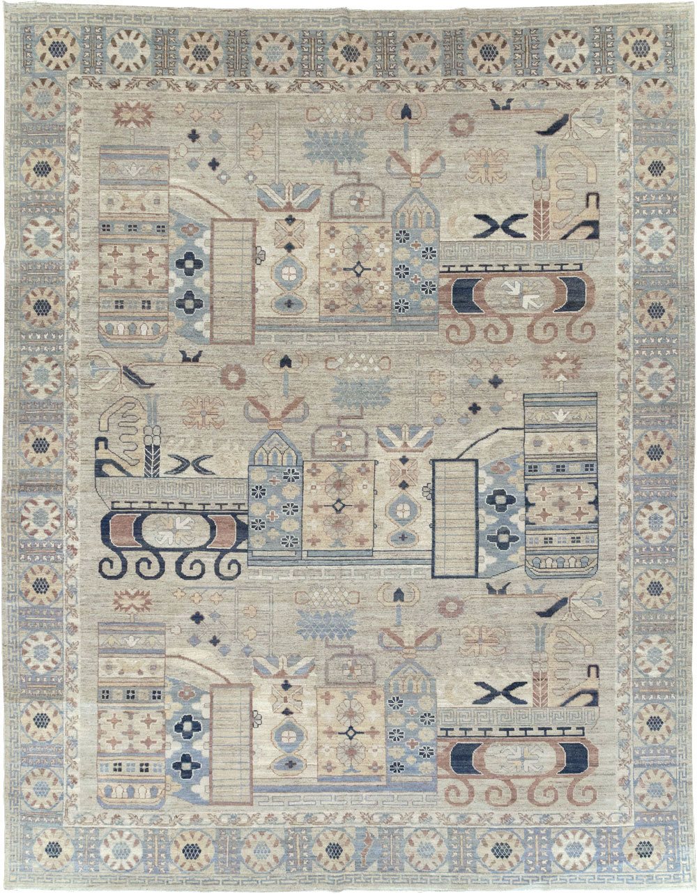 Modern East Turkestan Pictorial Vase Khotan Room Size Carpet, No.32187 - Galerie Shabab