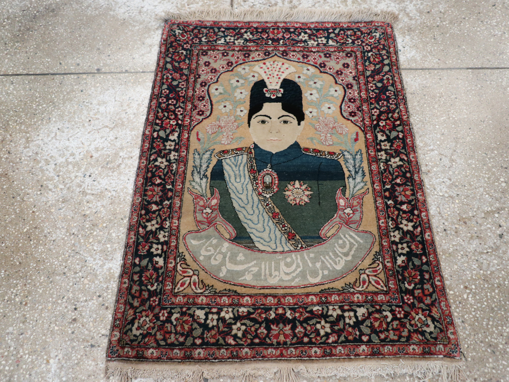 Antique Persian Pictorial Mohtasham Kashan Throw Rug, No.32361 - Galerie Shabab