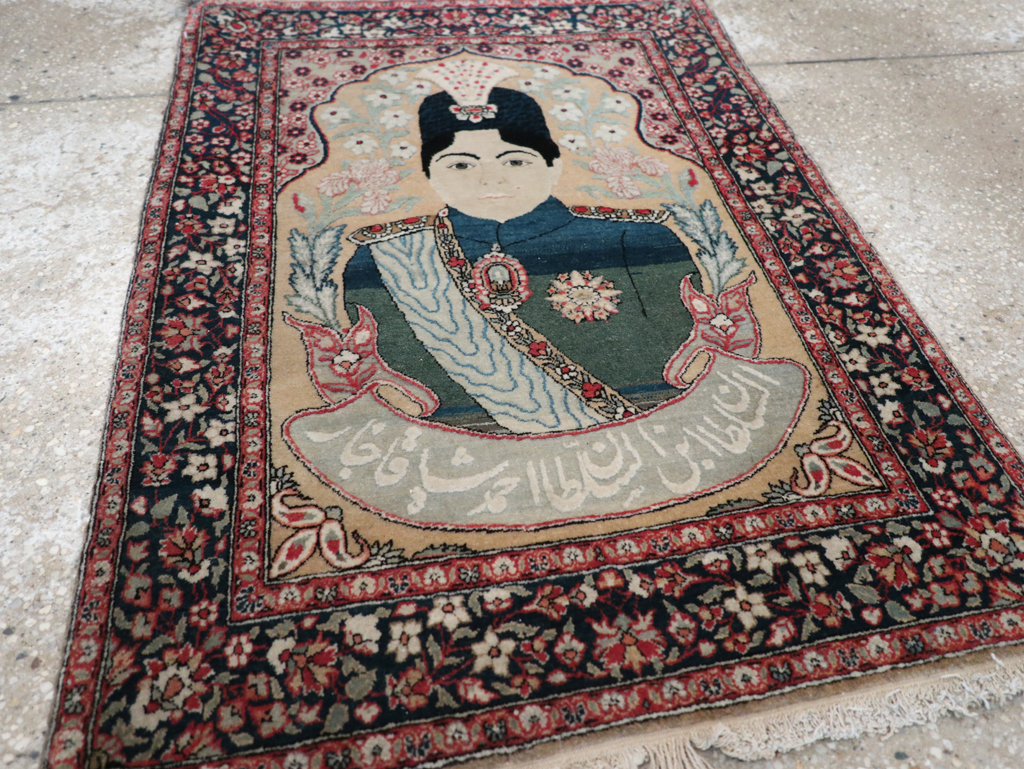 Antique Persian Pictorial Mohtasham Kashan Throw Rug, No.32361 - Galerie Shabab