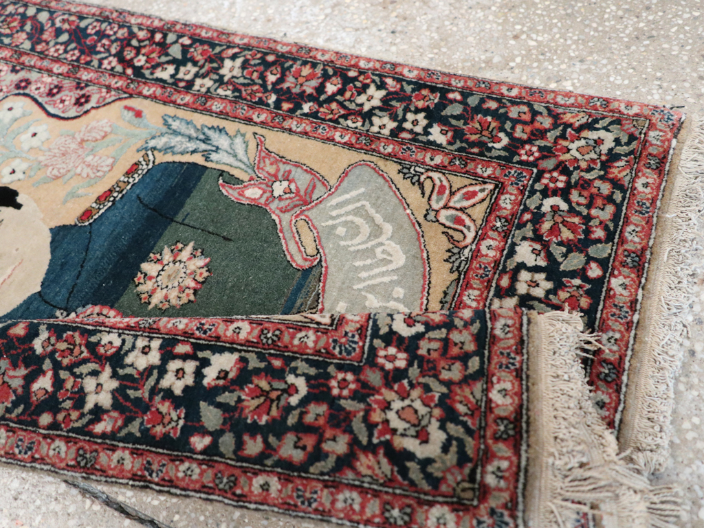Antique Persian Pictorial Mohtasham Kashan Throw Rug, No.32361 - Galerie Shabab