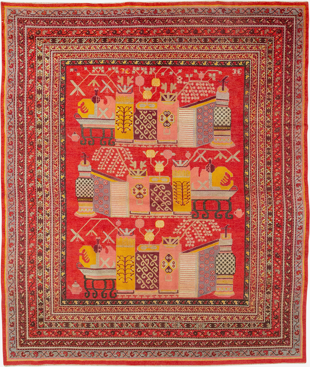 Antique East Turkestan Pictorial Vase Khotan Room Size Carpet, No.32925 - Galerie Shabab