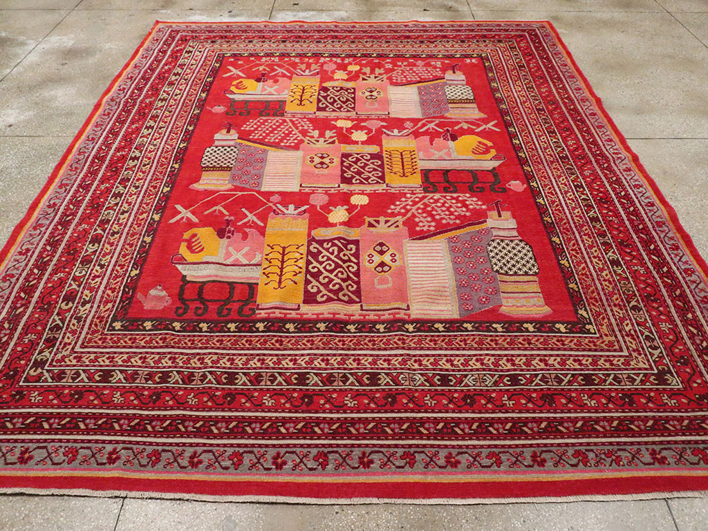 Antique East Turkestan Pictorial Vase Khotan Room Size Carpet, No.32925 - Galerie Shabab