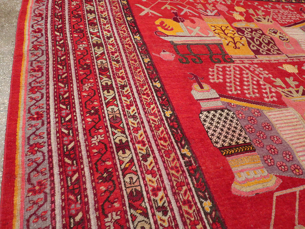 Antique East Turkestan Pictorial Vase Khotan Room Size Carpet, No.32925 - Galerie Shabab