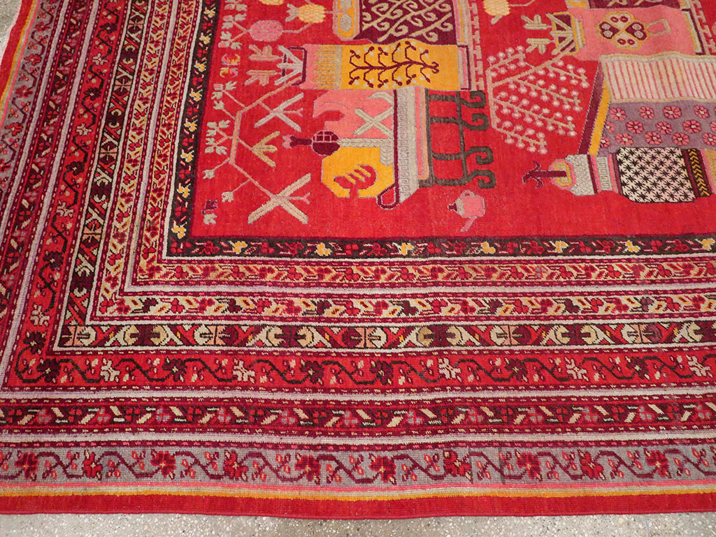 Antique East Turkestan Pictorial Vase Khotan Room Size Carpet, No.32925 - Galerie Shabab