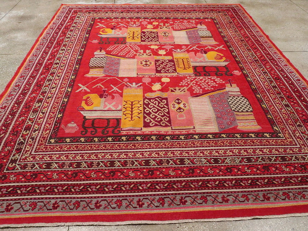 Antique East Turkestan Pictorial Vase Khotan Room Size Carpet, No.32925 - Galerie Shabab