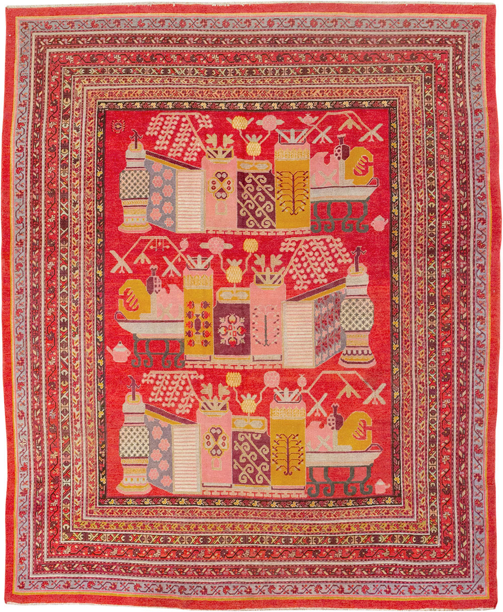 Antique East Turkestan Pictorial Vase Khotan Room Size Carpet, No.32926 - Galerie Shabab