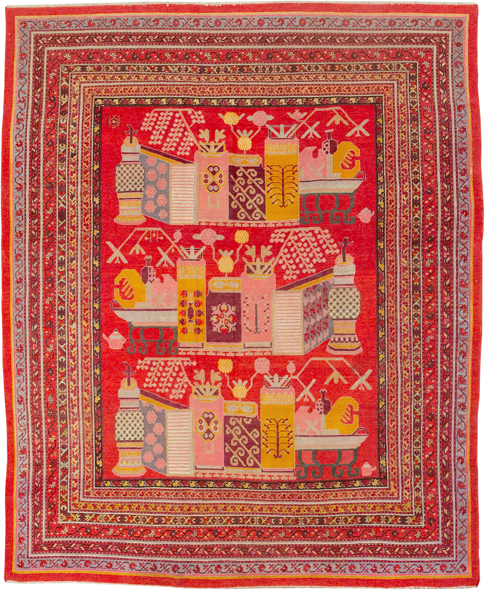 Antique East Turkestan Pictorial Vase Khotan Room Size Carpet, No.32926 - Galerie Shabab