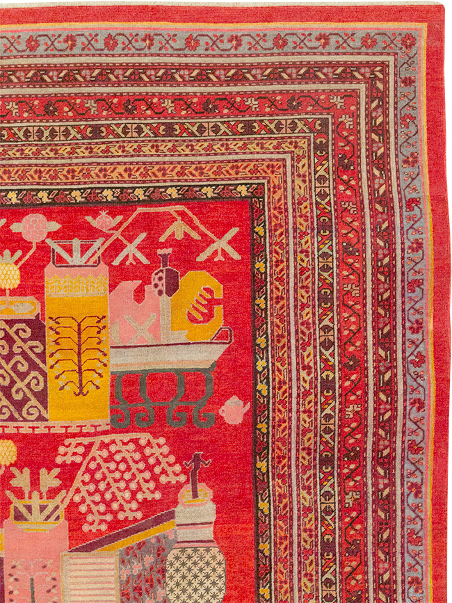 Antique East Turkestan Pictorial Vase Khotan Room Size Carpet, No.32926 - Galerie Shabab