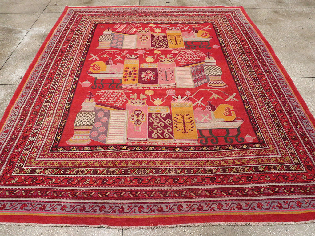 Antique East Turkestan Pictorial Vase Khotan Room Size Carpet, No.32926 - Galerie Shabab