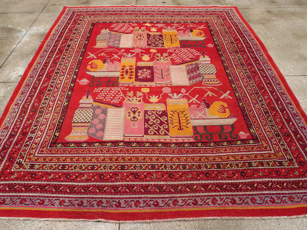 Antique East Turkestan Pictorial Vase Khotan Room Size Carpet, No.32926 - Galerie Shabab