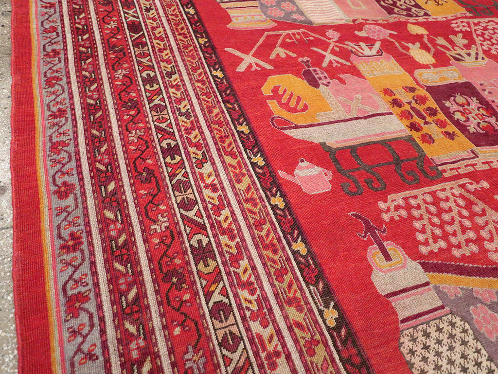 Antique East Turkestan Pictorial Vase Khotan Room Size Carpet, No.32926 - Galerie Shabab
