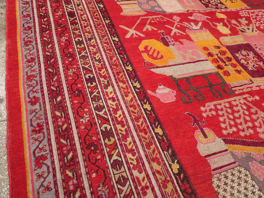 Antique East Turkestan Pictorial Vase Khotan Room Size Carpet, No.32926 - Galerie Shabab