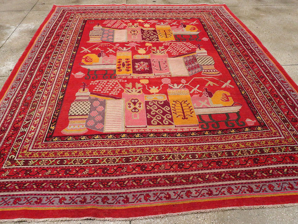 Antique East Turkestan Pictorial Vase Khotan Room Size Carpet, No.32926 - Galerie Shabab
