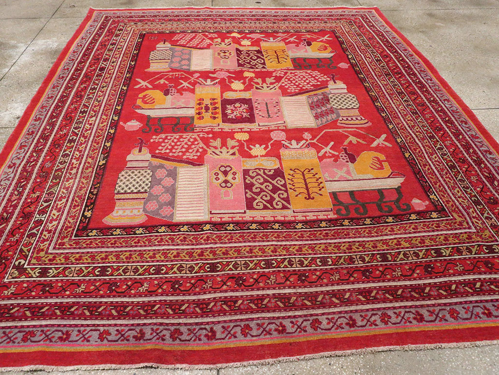 Antique East Turkestan Pictorial Vase Khotan Room Size Carpet, No.32926 - Galerie Shabab