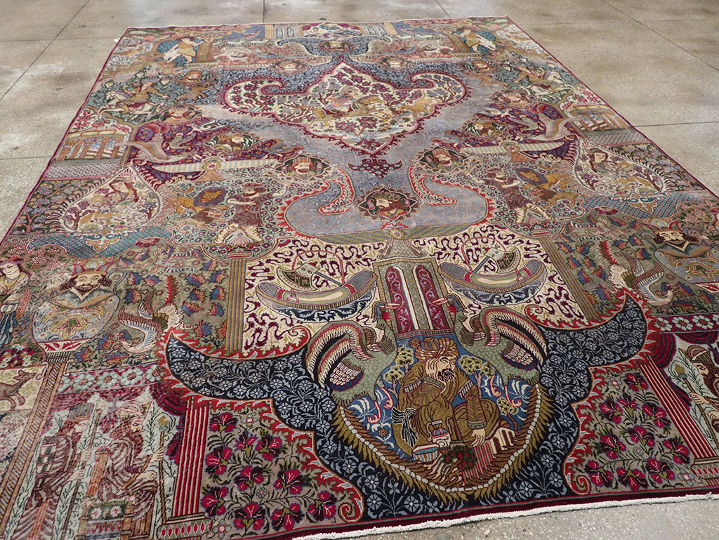 Vintage Persian Mashad Pictorial Room Size Carpet, No.32941 - Galerie Shabab