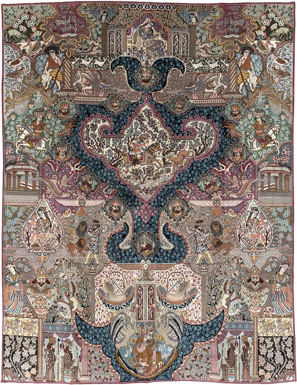 Vintage Persian Mashad Pictorial Room Size Carpet, No.32942 - Galerie Shabab