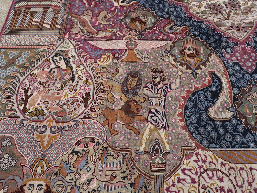 Vintage Persian Mashad Pictorial Room Size Carpet, No.32942 - Galerie Shabab