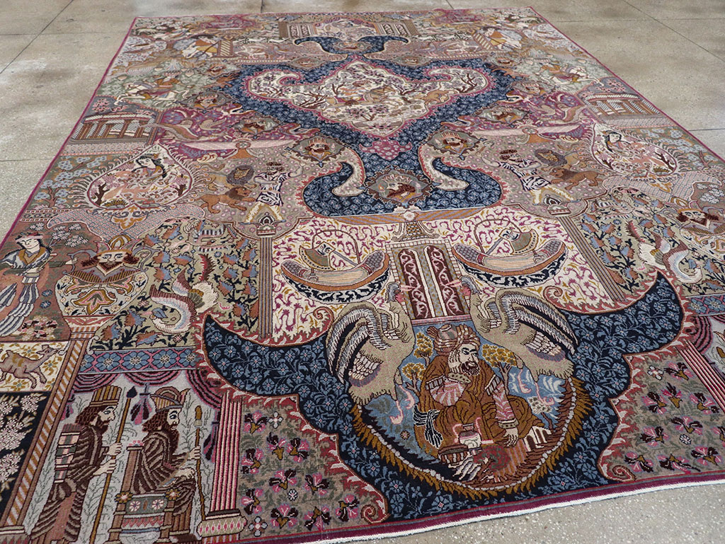 Vintage Persian Mashad Pictorial Room Size Carpet, No.32942 - Galerie Shabab