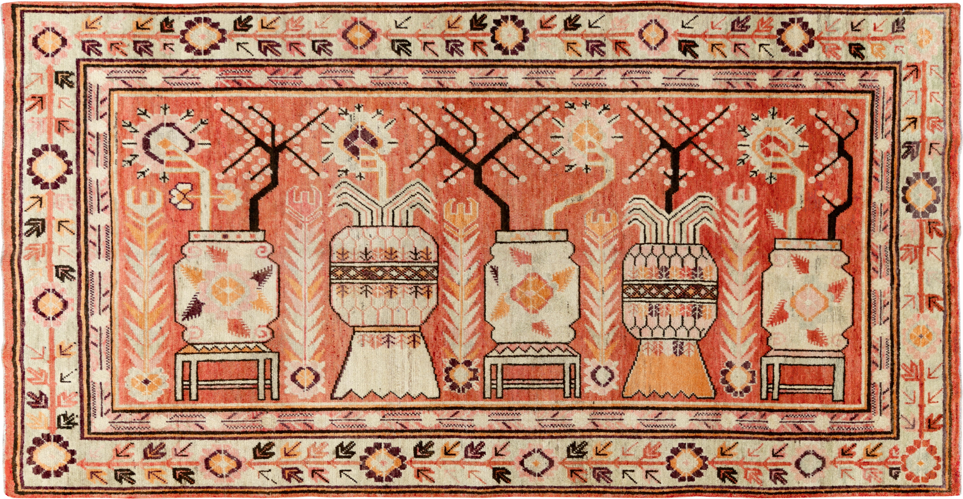 Vintage East Turkestan Pictorial Vase Khotan Rug, No.33698 - Galerie Shabab