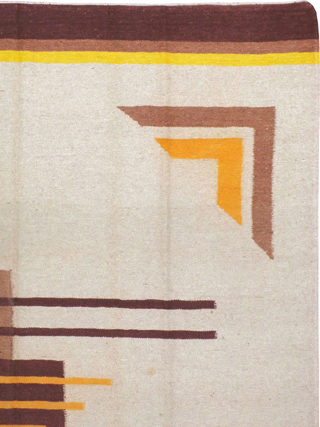 Vintage Indian Flatweave Room Size Rug Inspired By Edward McKnight Kauffer, No.8779 - Galerie Shabab