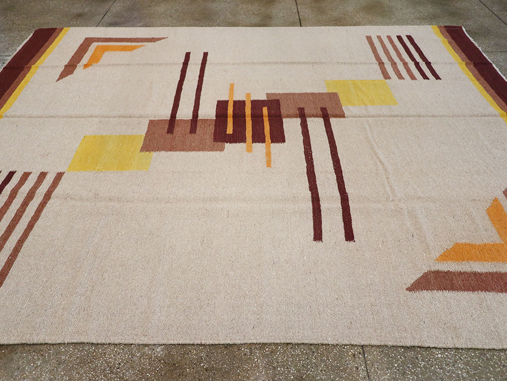 Vintage Indian Flatweave Room Size Rug Inspired By Edward McKnight Kauffer, No.8779 - Galerie Shabab