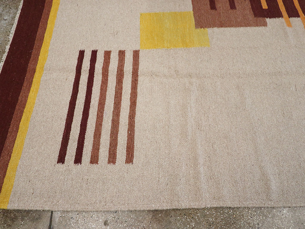 Vintage Indian Flatweave Room Size Rug Inspired By Edward McKnight Kauffer, No.8779 - Galerie Shabab