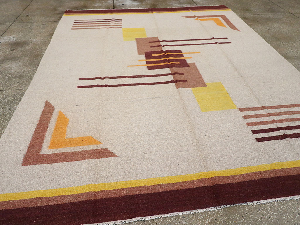 Vintage Indian Flatweave Room Size Rug Inspired By Edward McKnight Kauffer, No.8779 - Galerie Shabab