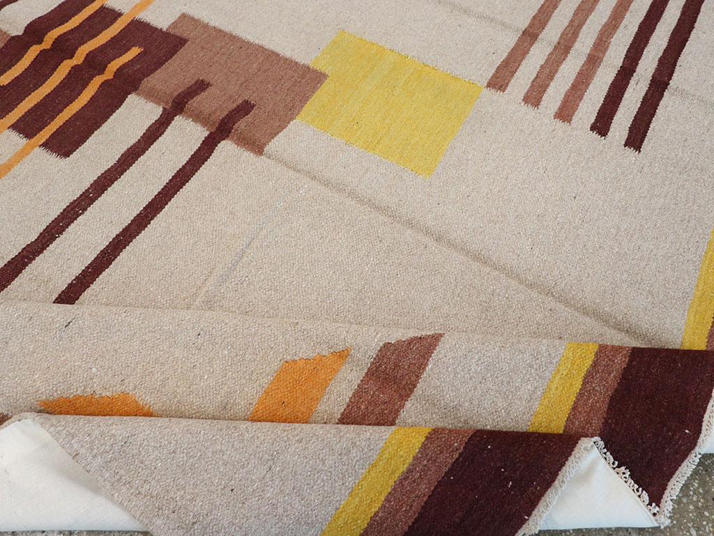 Vintage Indian Flatweave Room Size Rug Inspired By Edward McKnight Kauffer, No.8779 - Galerie Shabab