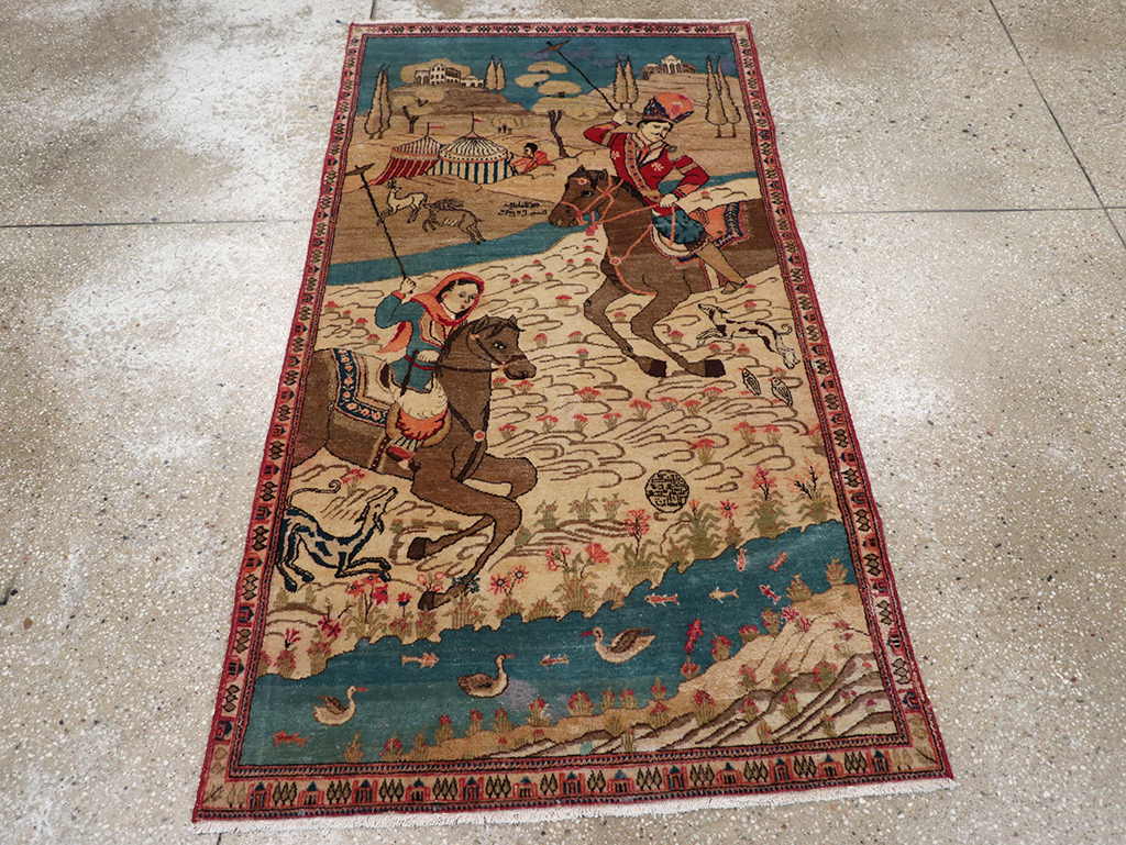 Vintage Persian Kashan Pictorial Throw Rug, No.9083 - Galerie Shabab