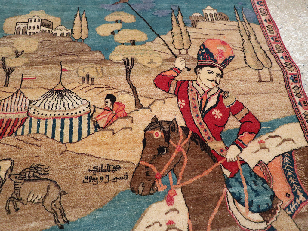 Vintage Persian Kashan Pictorial Throw Rug, No.9083 - Galerie Shabab