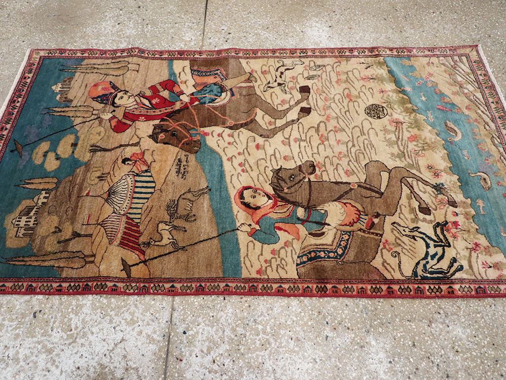 Vintage Persian Kashan Pictorial Throw Rug, No.9083 - Galerie Shabab
