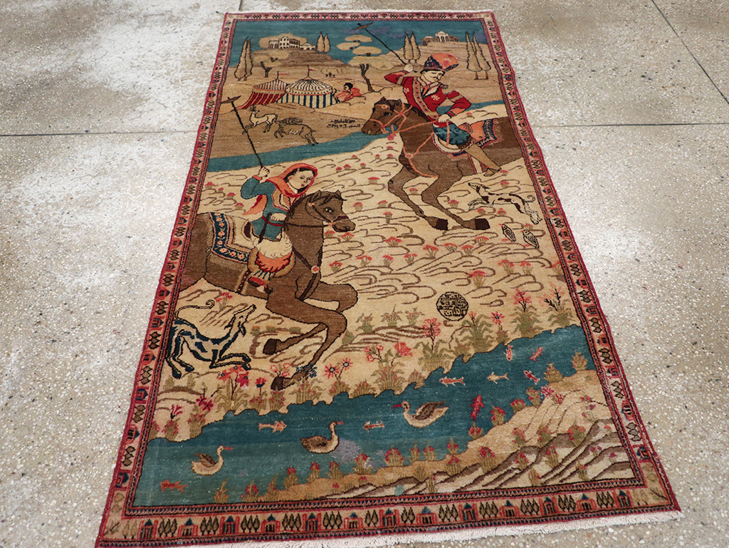 Vintage Persian Kashan Pictorial Throw Rug, No.9083 - Galerie Shabab