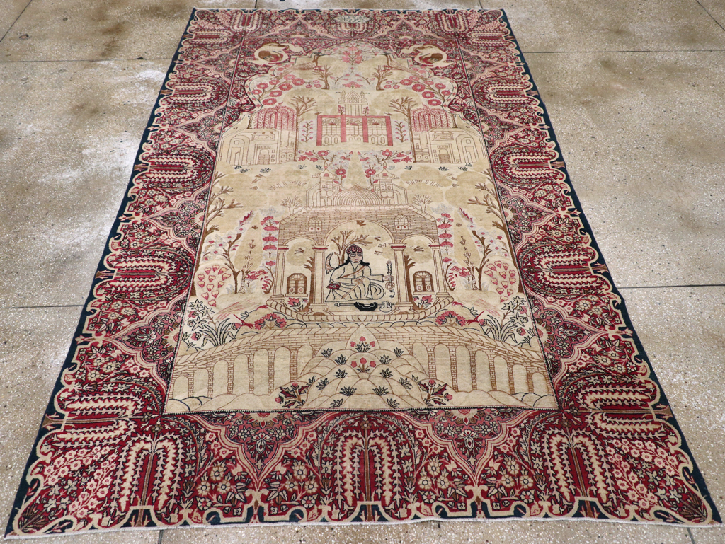 Antique Persian Lavar Kerman Pictorial Accent Carpet, No.9586 - Galerie Shabab